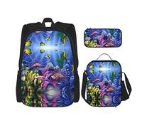 KoNsev Set di 3 borse per la scuola elementare con stampa, borsa per il pranzo e astuccio, tema oceano colorato, Pesce di mare tropicale colorato, Taglia unica