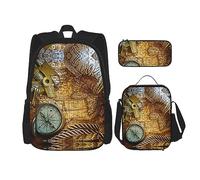 KoNsev Set di 3 borse per la scuola elementare con stampa, borsa per il pranzo e astuccio, tema oceano colorato, Bussola e mappa del vecchio mondo, Taglia unica