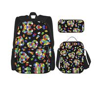 KoNsev Set di 3 borse per la scuola elementare con stampa, borsa per il pranzo e astuccio, tema oceano colorato, Autismo consapevolezza puzzle pezzi cuore, Taglia unica