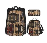 KoNsev Set di 3 borse per la scuola elementare con stampa, borsa per il pranzo e matite, composizione in rosso, giallo, blu e nero, Chitarra Basso Strumenti musicali, Taglia unica