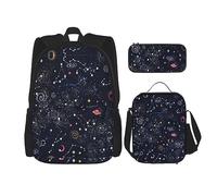 KoNsev Set di 3 borse per la scuola elementare con stampa, borsa per il pranzo e matite, composizione in rosso, giallo, blu e nero, Costellazione Stella Clusters Galassie, Taglia unica
