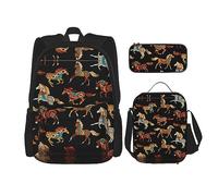 KoNsev Set di 3 borse per libri con stampa, per scuola elementare, borsa per il pranzo con astuccio portapranzo, palline da tennis rosa brillante, Cavallo marrone, Taglia unica