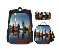 KoNsev Set di 3 zaini con stampa, da viaggio, escursionismo, leggero, per laptop, matite, borsa termica per il pranzo, per donne, luci laser, Riflessione della chitarra del lago, Taglia unica