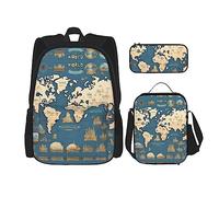 KoNsev Set di 3 zaini con stampa, da viaggio, escursionismo, leggero, per laptop, matite, borsa termica per il pranzo, borsa per il pranzo da donna, motivo floreale giallo grigio, Mappa del mondo.,