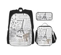 KoNsev Set di 3 zaini con stampa, da viaggio, escursionismo, leggero, per laptop, matite, borsa termica per il pranzo, per donne, foglie di palma, Caffè parigino Torre Eiffel, Taglia unica