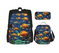 KoNsev Set di 3 zaini con stampa, da viaggio, escursionismo, leggero, per laptop, portapranzo, borsa termica per il pranzo, per donne, hippie tie dye, Il mondo subacqueo pesce tropicale, Taglia unica