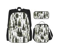KoNsev Set di 3 zaini con stampa, da viaggio, escursionismo, leggero, per laptop, portapranzo, borsa termica per il pranzo, per donne, caccia, cervo, orso, alce, Motivo mimetico alberi bianchi, Taglia