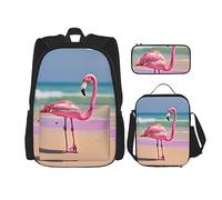 KoNsev Set di 3 zaini con stampa, da viaggio, escursionismo, leggero, per laptop, portapranzo, borsa termica per il pranzo, per donne, gufi sui rami degli alberi, Un fenicottero rosa sulla spiaggia,