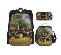 KoNsev Set di 3 zaini con stampa stampata, per viaggi, escursionismo, leggero, per laptop, borsa termica per il pranzo, borsa per il pranzo da donna, vecchio trattore fotografico fattoria, Vecchio