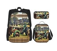 KoNsev Set di 3 zaini con stampa stampata, per viaggi, escursionismo, leggero, per laptop, borsa termica per il pranzo, borsa per il pranzo da donna, vecchio trattore fotografico fattoria, Vecchio