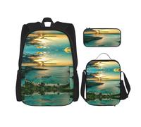 KoNsev Sunrise Over Hanauma Bay Oahu Hawaii 3 zaini 40,6 cm scuola prescolare e contenitore per il pranzo per bambini elementari, Nero , Taglia unica, Set di zaini per la scuola