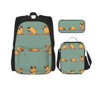 KoNsev Yoga Pug 3pcs Zaini 40,6 cm Scuola Prescolare Bookbag e Lunch Box per Bambini Elementari, Nero , Taglia unica, Set di zaini per la scuola