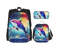 KoNsev Zaini colorati con cielo stellato e delfino oceano, 3 pezzi, 40,6 cm, per scuola prescolare e contenitore per il pranzo per bambini elementari, Nero , Taglia unica, Set di zaini per la scuola