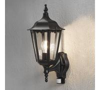 Konstsmide Firenze Up - Lampada da Parete per Esterni, con sensore PIR, 1 Lampadina E27 Max da 100 W, in Vetro Acrilico Trasparente, in Alluminio, IP43, Colore: Nero Opaco