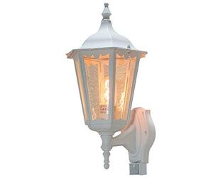 Konstsmide Firenze Up - Lampada da Parete per Esterni, con sensore PIR, 1 Lampadina E27 Max da 100 W, in Vetro Acrilico Trasparente, in Alluminio, IP43, Colore: Bianco Opaco
