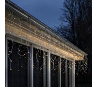 Konstsmide 2777-802SP - Tenda luminosa a LED, con 200 diodi ambrati, per esterni, cavo bianco, 2 batterie al litio, 1 CR2025 (incluse), 2777-802SP