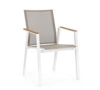 KONTE.DESIGN Set 4 sedie da giardino CAMERON in textilene grigio tortora con inserti in teak e struttura in alluminio bianco