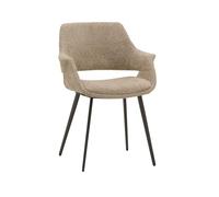 KONTE.DESIGN Set di 4 sedie EMBAJADORES in tessuto beige effetto bouclé e gambe in metallo nero, con braccioli