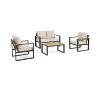 KONTE.DESIGN Set salotto da giardino LEIRIA con cuscini beige, dettagli in simil legno e struttura in alluminio antracite, 4 pezzi