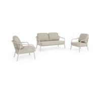 KONTE.DESIGN Set salotto da giardino PAMPLONA con cuscini, schienali in corda e struttura beige, 3 pezzi