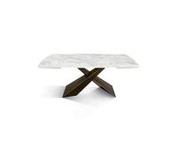 KONTE.DESIGN Tavolo FIGARI in vetroceramica bianco arabesco con gambe a X in metallo bronzo, allungabile 160x90 cm - 240x90 cm