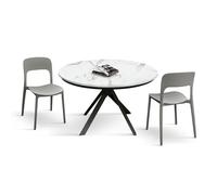 KONTE.DESIGN Tavolo rotondo PANTELLERIA in legno, finitura bianco statuario e gambe in metallo nero, allungabile Ø120xH75,3 cm - 170x120x75,3 cm