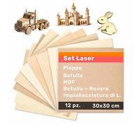 Kontrasti Set Pannelli Laser 12 Pezzi Pannelli Compensato di Legno 30x30 cm e Impiallacciatura - Pioppo, Betulla, MDF, Rovere - per Modellismo, Pirografo Legno, Hobby e Incisione Laser