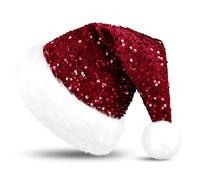 KONVINIT Cappello di Natale per Adulti con paillettes,Caldo Cappelli di Natale, Cappello di Babbo Natale,Cappello X-Mas per Natale Decorativo Cappello Natale Per uomo e donna,rosso