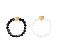 Konxi 2 Pezzi Anello Elastico con Perline Anelli con Perline in Pietra Naturale con Pendente a Cuore Anello Elastico con Perline da Donna (ossidiana + quarzo trasparente)