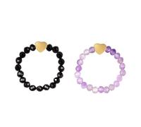Konxi 2 Pezzi Anello Elastico con Perline Anelli con Perline in Pietra Naturale con Pendente a Cuore Anello Elastico con Perline da Donna (ossidiana + ametista)