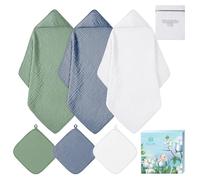 Koo-dib Accappatoio Neonato 0-3 Mesi E 6-12 Mesi Con 6 Asciugamano, Quadrotti Cotone E Mussole Cotone, Ideale Regalo Per Femmina E Maschio, 70x70 CM (Blu & Verde & Bianco)