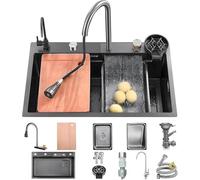 Koogiddr 80 X 45 Cm Senza Lavello In Acciaio Inox Lavello A Barra In Multifutiol Dorato Lavello Da Incasso A 1 Vasca Con Accessori Come Lavello Estensibile Con 5 Fori Per Rubine, Black-gray-b, 68x45cm