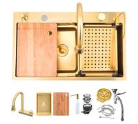 KOOGIDDR - Lavandino da cucina, 75 × 45 cm, con rivestimento Nano dorato, in acciaio, da bar, ad incasso, estraibile, con accessori, con 5 fori per rubinetti