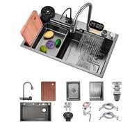 Koogimddr 1 lavello rettangolare e profondo da cucina, con rubinetto a cascata, 80 x 50 cm, in acciaio inox, per uso domestico, con display, accessorio per pulire i bicchieri e cestelli di scarico