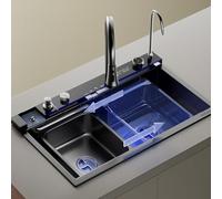 KOOGIMDDR 68 x 46 cm Lavello da cascata set, Lavello Cucina 1 Vasca in Acciaio Inox, lavandino multifunzione cucina con Dispenser di Sapone, rondella a tazza, Scolapiatti