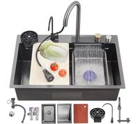 KOOGIMDDR 75×45cm lavello cucina 1 vasca nero Acciaio Inox, lavello a cascata cucina multifunzionale, 13 Pezzi Set lavelli Postazione Di Lavoro A Vasca Singola Lavatazzine E Manopole Di