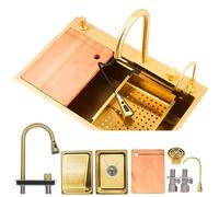 KOOGIMDDR 75×45cm oro lavello cucina 1 vasca, lavello a cascata cucina multifunzionale, cascata lavello cucina acciaio inox setcon Rubinetto Estraibile, Dispenser di Sapone