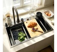 KOOGIMDDR 75 x 45 cm, lavello da cucina in acciaio inox, rettangolare, a cascata, drenaggio a sinistra, con foro per rubinetto e troppopieno, sifone, lavello da bar multifunzione, stazione di lavoro