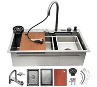 KOOGIMDDR 75x45cm Lavello A Cascata Multifunzionale Da 13 Pezzi Set Lavello Da Cucina In Acciaio Inossidabile Con Rubinetto Estraibile Con Display Digitale Postazione Di Lavoro A Vasca Singola