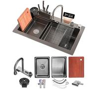 KOOGIMDDR 75x45cm Lavello In Acciao Inox Da Appoggio Nanorivestito, Lavello da cascata nero, lavello da cucina multifunzione, con Rubinetto Estraibile, Dispenser di Sapone