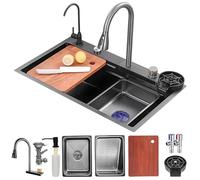 KOOGIMDDR 75x50cm lavello a cascata cucina multifunzionale, Lavello da cucina 1 vasca, Lavello da cascata nero con Rubinetto Estraibile, moderno set di lavello da incasso, con rondella a tazza