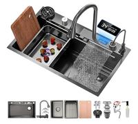 KOOGIMDDR 75x50cm Lavello da cascata nero, Lavello Cucina 1 Vasca in Acciaio Inox, con Rubinetto Estraibile, Dispenser di Sapone, lavello da cucina multifunzione
