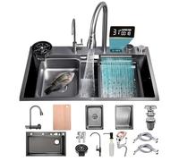 KOOGIMDDR 80×50cm lavello da cucina con cascataterraneo rubinetto, cascata lavello Bancone bar acciaio inox 13 set, 1 vasca lavello della postazione di lavoro, con Dispenser di Sapone