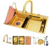 KOOGIMDDR 80 x 50 cm, lavello da cucina oro, con rubinetto a cascata, lavello da cucina in acciaio inox, rettangolare, montaggio superiore con coppa lavabo, tagliere rimovibile