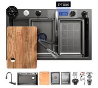 KOOGIMDDR 80x45cm Lavello da Cucina In Acciao Inox Da Appoggio Nanorivestito, Lavello da cascata nero, lavello da cucina multifunzione, con Rubinetto Estraibile, Dispenser di Sapone