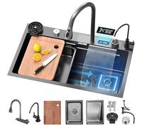 KOOGIMDDR 85 x 45 cm, lavello da cucina in acciaio inox multifunzione, singolo con rivestimento a cascata e rubinetto estraibile 3 in 1, profondo con tavola