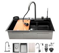 KOOGIMDDR 85 x 45 cm Lavello in Acciaio Inox, Lavello da Cucina Nero-Grigio, Lavello a Cascata Rettangolare, 1 Bacino, Installazione del Lavello dall'Alto con Set di Rubinetto, Set Completo di Lavello