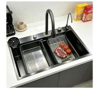 KOOGIMDDR 85 x 45 cm Lavello in Acciaio Inox, Lavello da Cucina Nero-Grigio, Lavello a Cascata Rettangolare, 1 Bacino, Installazione del Lavello dall'Alto con Set di Rubinetto, Set Completo di Lavello
