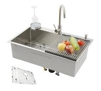 KOOGIMDDR 85x50 Lavello SUS304 Acciaio Inossidabile Da Cucina Multifunzione In Fatto A Mano, Con griglia per pavimento Lavello Da Cucina Grande A Una Vasca, con rubinetto e vari accessori