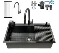 KOOGIMDDR 85x50cm Acciaio Inox Lavello Cucina 1 Vasca Grigio Nero, Con Griglia In Acciaio Inox Nano, Lavabo Cucina con 3 Fori Scolapiatti da Appoggio con Rubinetto, con Dispenser Sapone Da Appoggio